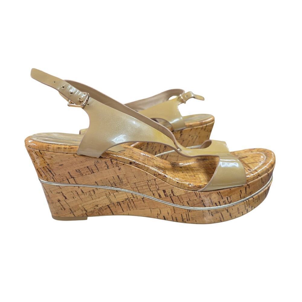 Donald  Pliner Patent Leather Platform Wedge Heel Sandals Slingback Sand Pearl 9